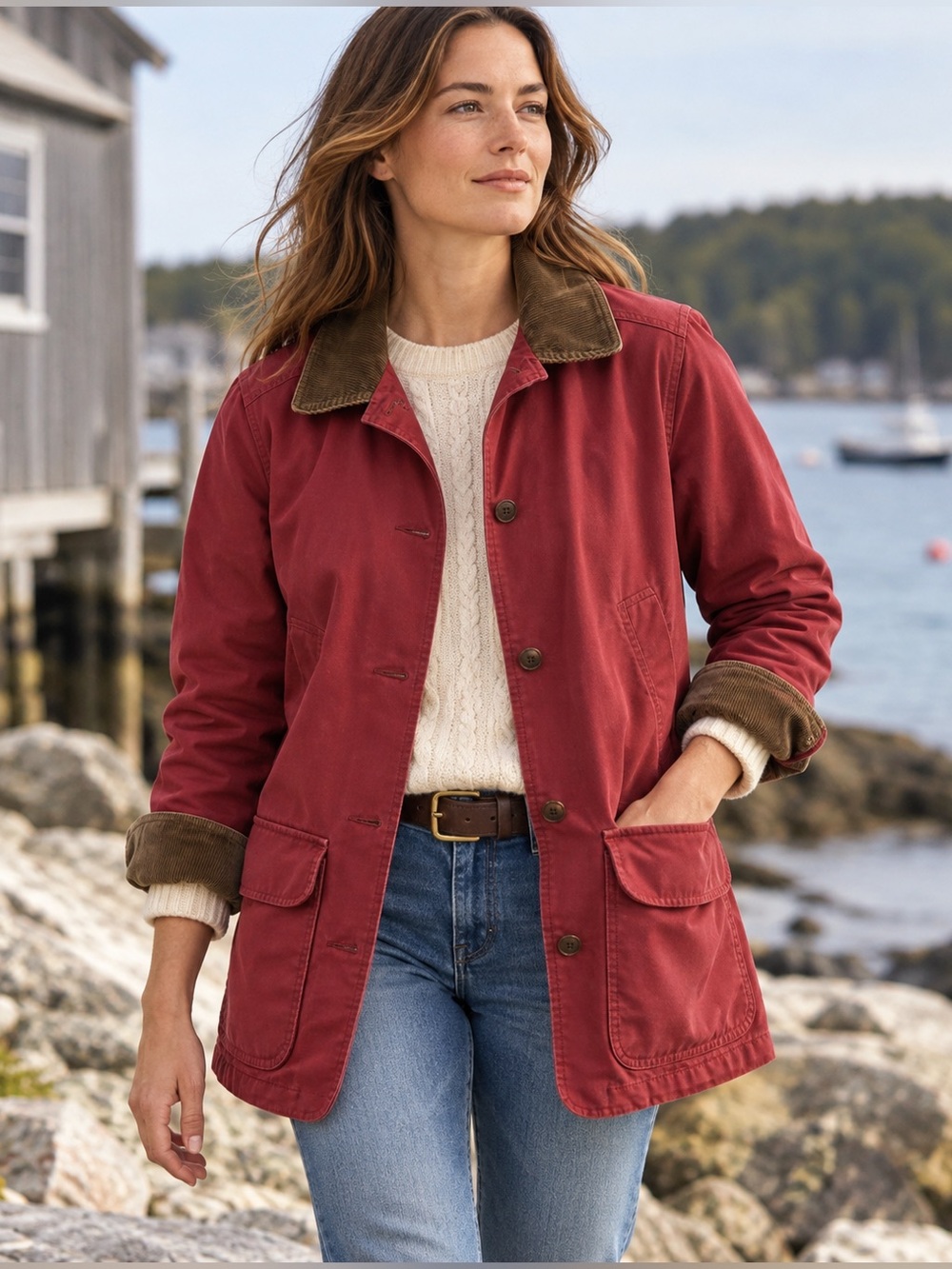 Vintage LL Bean Adirondack Barn Jacket Red Canvas Corduroy Collar Utility M